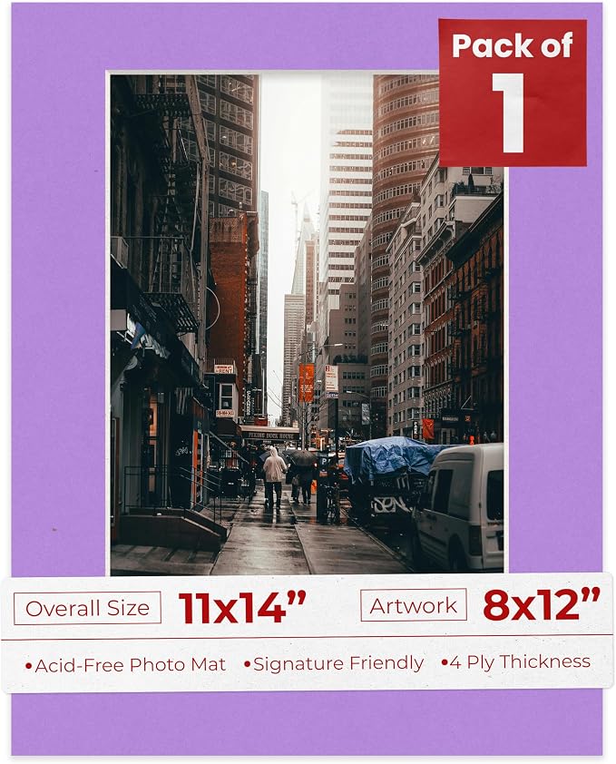 8x12 Mat for 11x14 Frame - Precut Mat Board Acid-Free Show Kit with Backing Board, and Clear Bags Light Purple 8x12 Photo Matte Made to Fit a 11x14 Picture Frame Matboard for Framing, Pack of 1 Mat by PosterPalooza