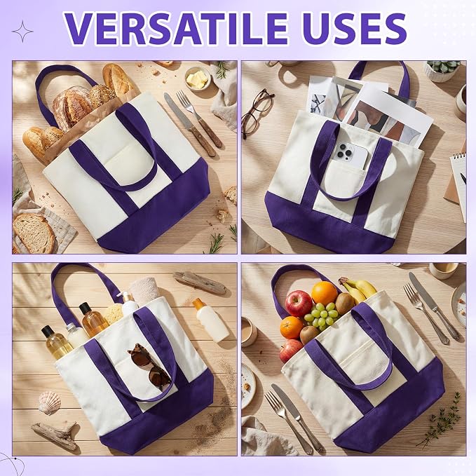 Sanwuta 12 Pcs Mini Canvas Tote Bags Bulk with Pocket Small Sublimation Blank Canvas Tote Reusable Grocery Bag for Women, DIY Craft (Purple) - Image 6