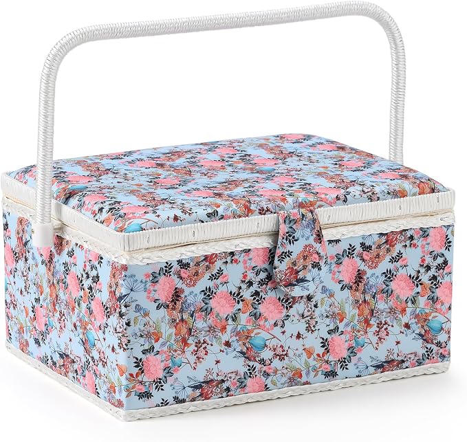 Sewing Basket with Sewing Supplies, Large Sewing Box for Accessories Storage, Blue Pink Flower Pattern by NOTIONSLAND