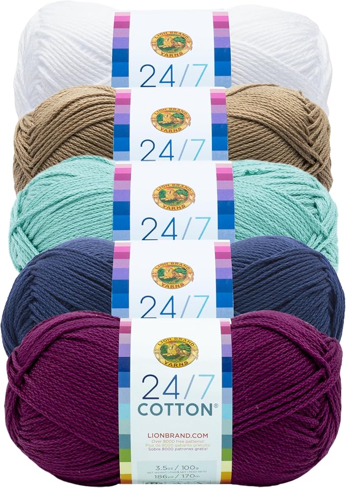 Lion Brand Yarn, 24/7 Cotton Mercerized Lightweight Yarn for Knitting, Crochet, and Crafts, Beatnik, 5 Pack, Multicolor Pack of Natural Fiber for Breathable Tops, Durable Bags, and Dish Cloths by LionBrandYarn