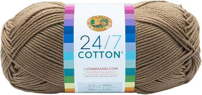 Lion Brand Yarn, 24/7 Cotton Yarn, Taupe, Beige, 1 Pack | Light Worsted 100% Mercerized Cotton Yarn for Crochet, Knitting, Craft, 185 Yards of Natural Fiber for Tees, Bags, Dishcloths by LionBrandYarn