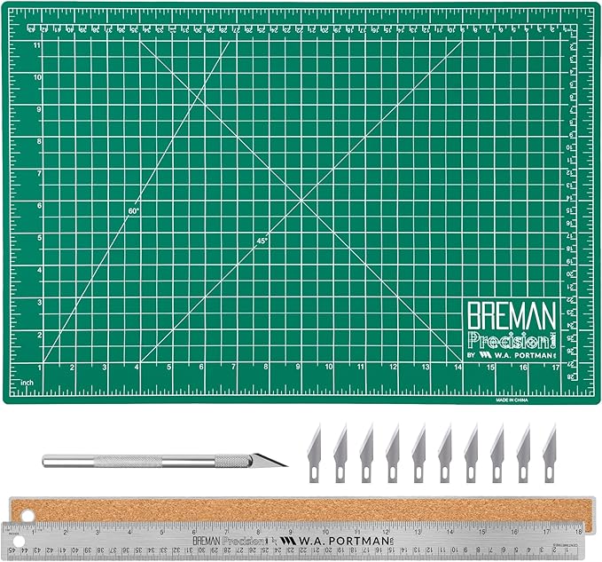 WA Portman Fabric Cutting Mat with Craft Knife & Straight Edge Craft Ruler | This set includes 12x18 Inch Sewing Cutting Mat, 10pc #11 Blades, Xacto Craft Knife Set, & 18'' Cork Backed Metal Ruler Set by WAPortman