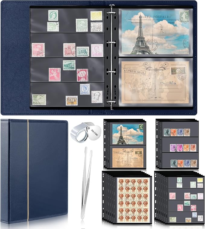 Stamp Collecting Album Binder Kit for Collectors, 1/2/3/4 Rows Banknotes Storage Book with 20 Stamp Pages, 4 Ring Binder, Tweezers and Magnifier, for Paper Money Bill Postage, Beginner Hobbyists Gift by Lewtemi