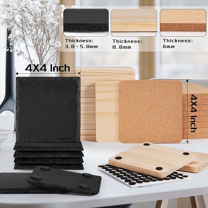 90PCS Square Slate, Cork, Wood Drink Coasters for Laser Engraving | 4 Inch Natural Blank Black Stone, Pine Wood, Cork, 30PCS Each, Engravable Material for Beginners, Gifts, Wedding, Crafts, DIY - Image 2