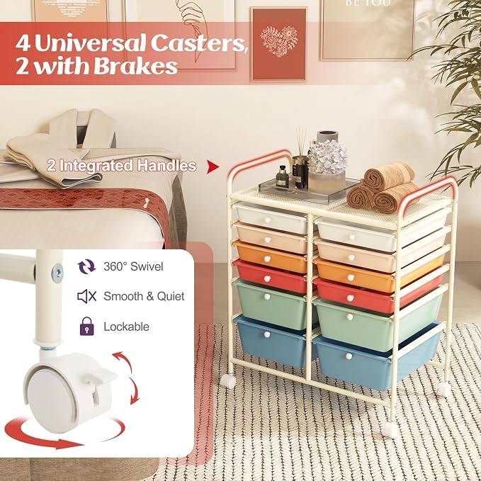 DREAMADE Rolling Cart with Storage Drawers, Utility Cart with Removable Plastic Drawers, Lockable Wheels, Art Cart for Classroom Organization Art Supplies Office Scrapbook (12 Drawers, Macaron) - Image 5