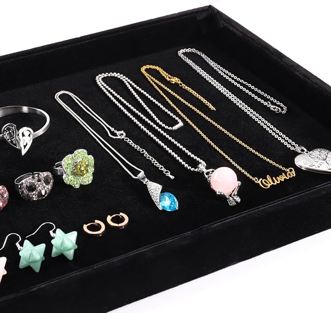 4 Pcs 13.8"x9.5" Velvet Jewelry Tray Jewelry Display Tray Stackable Plate | Jewelry Organizer Trays for Earrings Necklaces Bracelet Rings Display Showcase - Black - Image 7