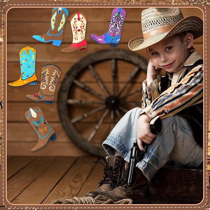 Blueweenly 48 Pcs Rodeo Themed Cowboy Party Favors Wood DIY Crafts, Unfinished Rodeo Western Crafts Wooden Ornaments for Western Theme Birthday Party Classroom DIY Activities (Cowboy Boots) - Image 6