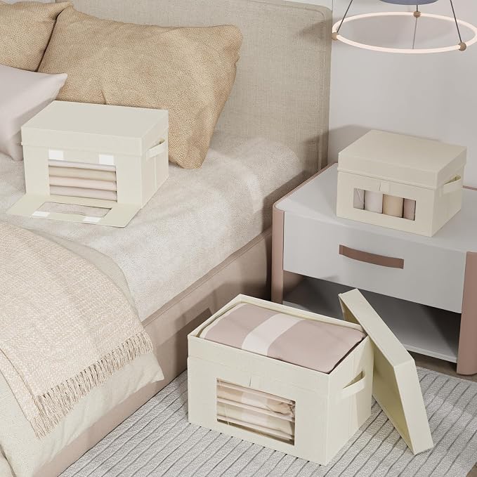 Storage Bins with Lid & Window, 1 Pack, Beige, 13x9x7.9 In | Foldable Transparent Window Cube Organizer Basket with Lid and 2 Handles, Storage Boxes for Shelves with Cover - Image 6