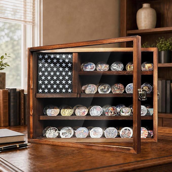 Challenge Coin Display Case Holder,Hd Tempered Glass Door,Not Acrylic,15*11 | Carbon Brown/100%wood/Removable Star Board/Wooden America Flag Military Challenge Coin Display Case Holder by Unknown