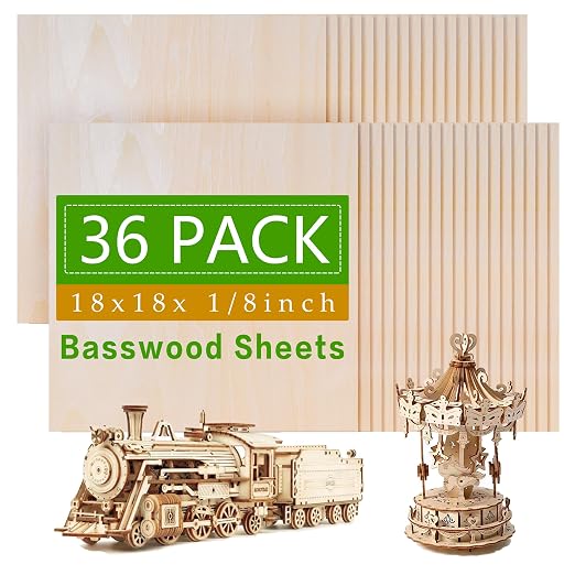 36 Pack Basswood Sheets Board 1/8 Inch Unfinished Wood,3mm Plywood for Laser Cutting,Boards for Crafts for DIY Plywood Sheets Unfinished Wood for Laser Cutting (18inchx18inch) by Unknown