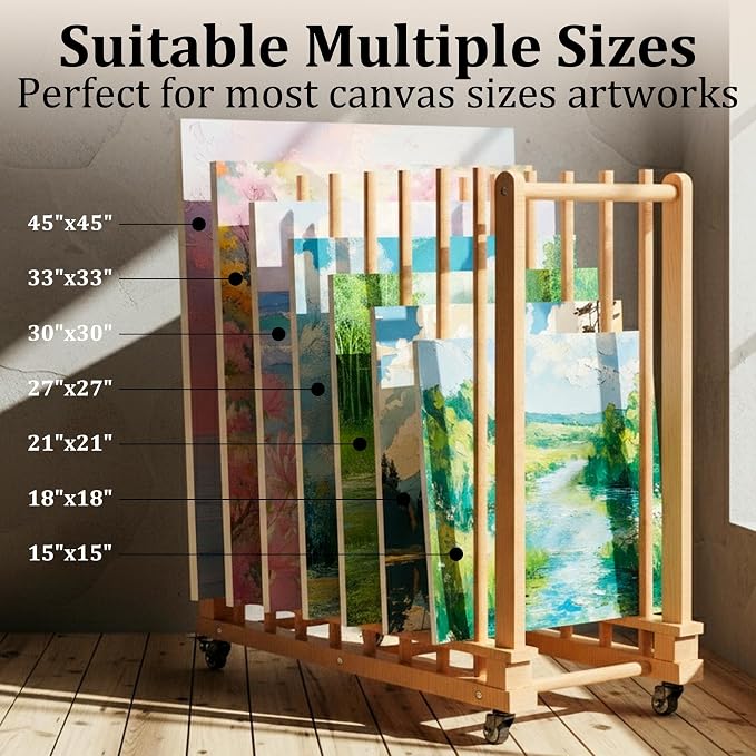 Art Storage Rack with Wheels & Handle- Beech Wood Canvas Organizer & Artwork Storage Organizer for Drawing Board, Panel, Paper Pad for Art Studios, Artworks, Gallery, Classroom - Image 2