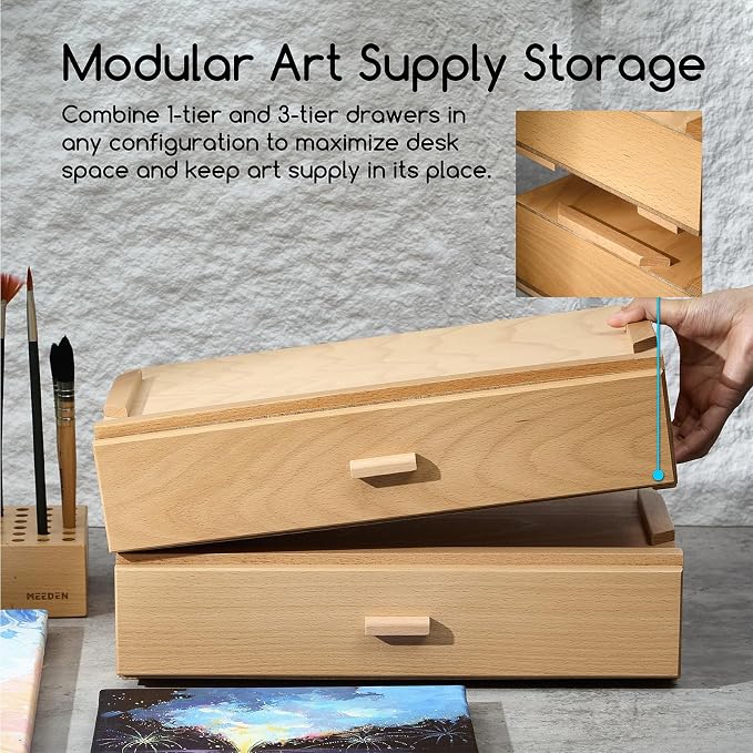 MEEDEN Artist Supply Organizer Box: 1-Tier Solid Beech Wood Art Box for Artist Supplies with Removable Dividers - Tool Storage Painting Supply Drawer Box - Image 4