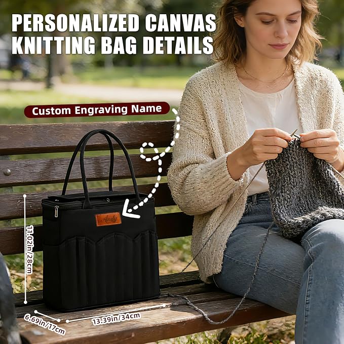 UIDMEN Personalized Knitting Bag with Name Leather Patch, Canvas Yarn Bag, Yarn Holder for Crochet Lovers, Pottery Tool Bag, Art Supply Storage, Student Artist Gift, Mother's Day Gift, Birthday Gifts - Image 2