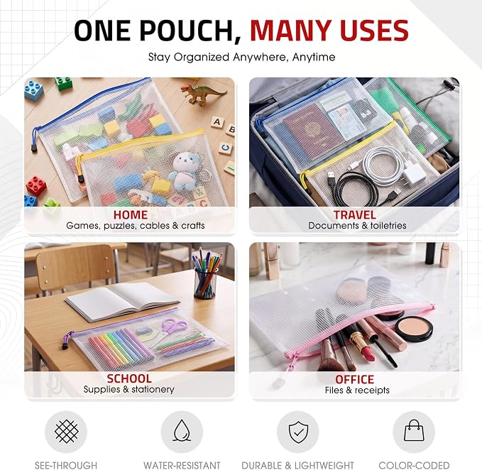Zhehao 500 Pcs A4 Mesh Zipper Pouch Bags Bulk 13.2 x 9.5 Inches,White | Large Clear Pencil File Storage Bags Waterproof Mesh Zipper Organizer for School Office Travel Organization Puzzle Supplies - Image 5