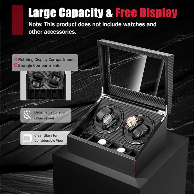 Watch Box, 4+6 Automatic Mechanical Watch Winder Box Self-winding Display Box Organizer for Men, Best Gift for Thanksgiving Day Christmas, Black - Image 4