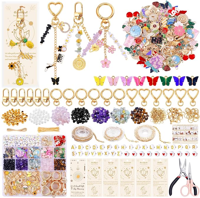 907 Pcs Lipgloss Keychain Making Kit,Bag Charm Kit with Crystal Stone | with 5 Colors Crystal Stones,Charms,Key Rings,Clips,Pliers,Letter Beads,Manual,Gift Bag,Extender Chain for DIY Crafting by TOHONGADON