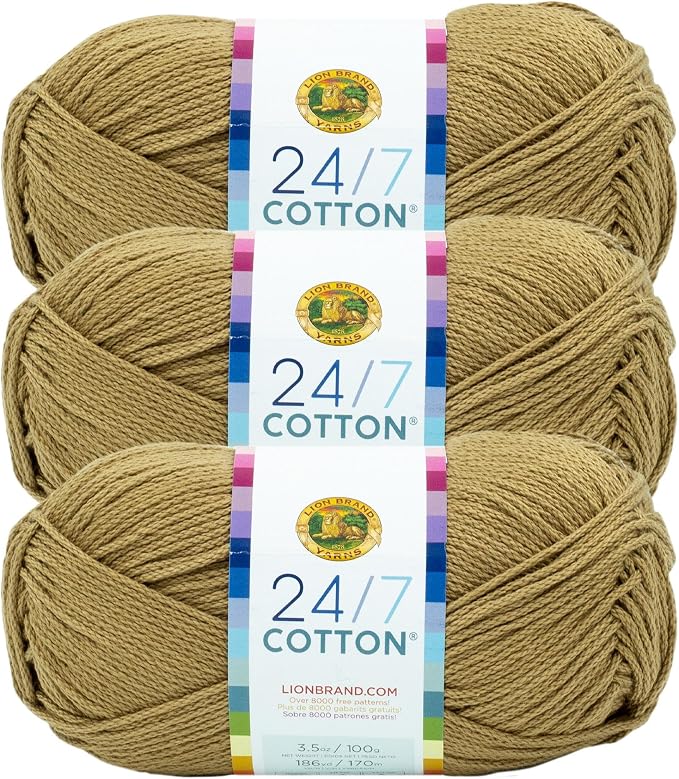 Lion Brand Yarn, 24/7 Cotton Yarn, Hay Bale, Brown, 3 Pack | Light Worsted 100% Mercerized Cotton Yarn for Crochet, Knitting, Craft, 185 Yards of Natural Fiber for Tees, Bags, Dishcloths by LionBrandYarn