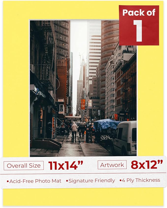 8x12 Mat for 11x14 Frame - Precut Mat Board Acid-Free Show Kit with Backing Board, and Clear Bags Yellow 8x12 Photo Matte Made to Fit a 11x14 Picture Frame Matboard for Framing, Pack of 1 Mat by PosterPalooza