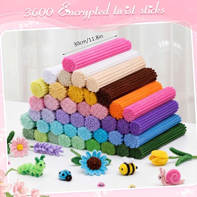 Peryiter 3600 Pcs 12 Inch Craft Pipe Cleaners Fluffy Chenille Stems Bulk with 50 Flower Stems 4 Tape and 350 Stamens for DIY Art Projects Creative Gift Wrapping Party Decorations (Macaron Color) - Image 2