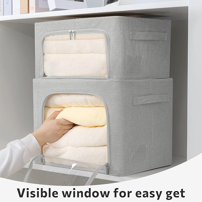 FHSQX 2 Pack Clothes Storage Bins Stackable Metal Frame Storage Box Foldable Linen Fabric Organizer with Carrying Handles and Clear Window (Light Gray, 15.7x 11.8x 7.8Inch) - Image 5