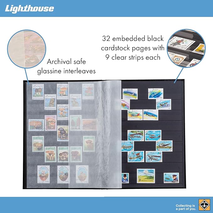 LIGHTHOUSE – “BASIC” Hard Cover Stockbook for Stamps – 32 Black Cardstock 9”x12” (A4) Pages with Clear Strips - Blue - Image 3