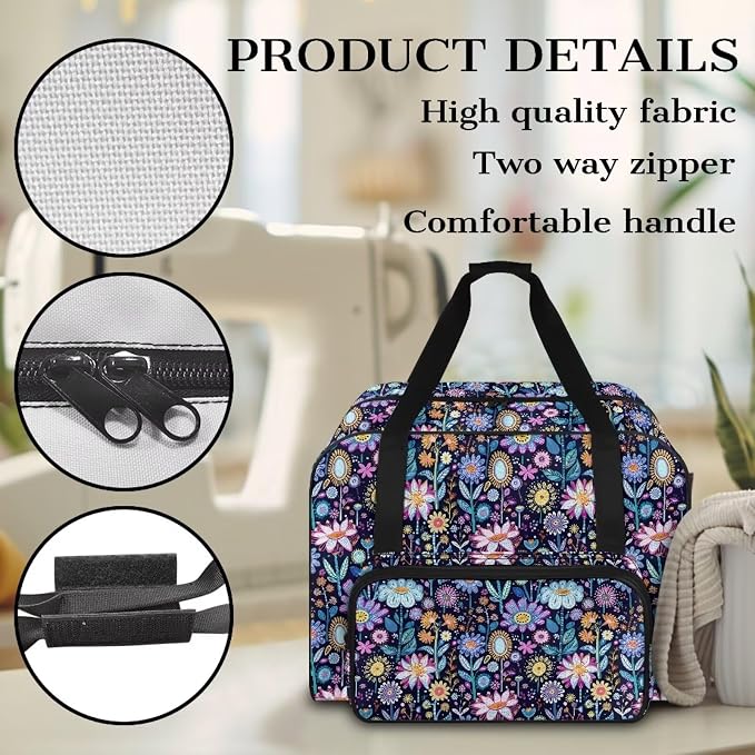 Sewing Machine Case Portable Sewing Machine Carrying Bag Large Capacity Storage Bag Universal Sewing Machine Organizer Bag, Hippie Flower Lotus Blue - Image 5