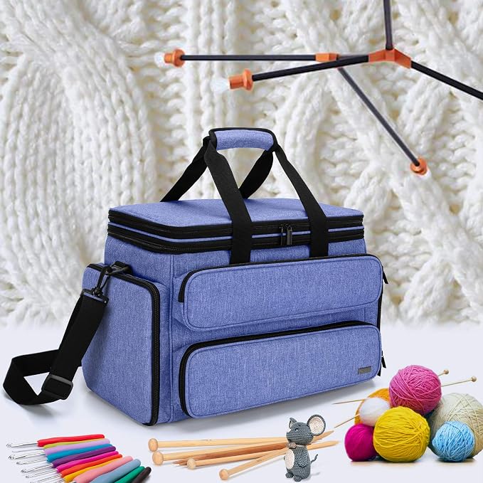 Yarwo Large Crochet Bag Knitting Tote, Yarn Storage Bag with Shoulder Strap | Organizer for Knitting Needles & Crochet Hook(Up to 14”), Clear Top Lid, Unfinished Project Compartment, 4 Yarn Holes, Blue - Image 8