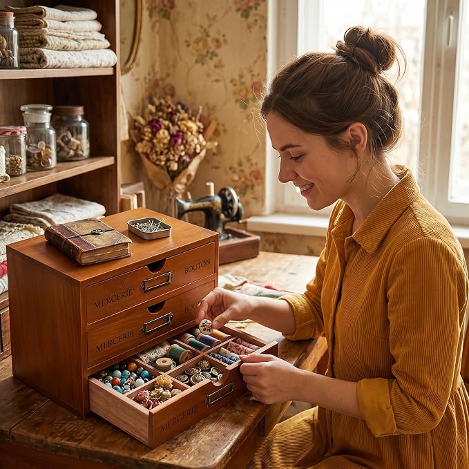 Wesiti Wooden Desk Organizer, 3 Drawers, Vintage Makeup Cabinet, Brown | Rustic Drawer Storage for Office, Home, Craft Room, Jewelry, Sewing Supplies, Apothecary Desktop Box, Pre-assembled Decor - Image 2