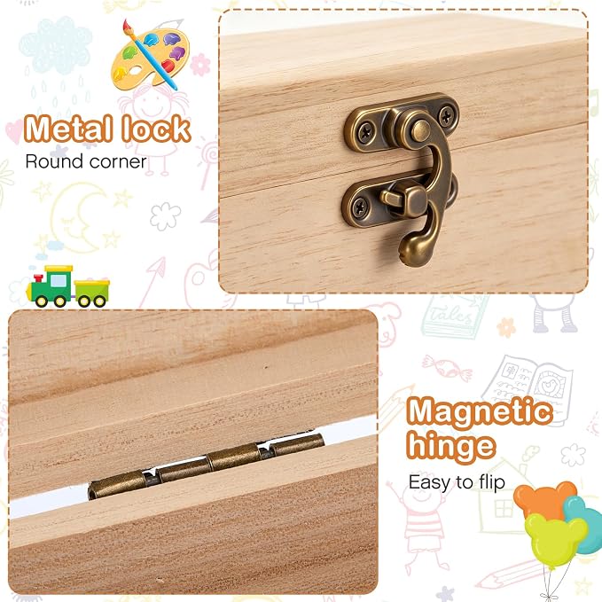 6 Sets Unfinished Wooden Box Rectangle with 10 Brushes Unpainted Wooden Treasure Chest Natural Pine Box with Hinged Lid for DIY Craft Making Storage Jewelry School's Day Gift 8.2x2.7x1.5 in - Image 4