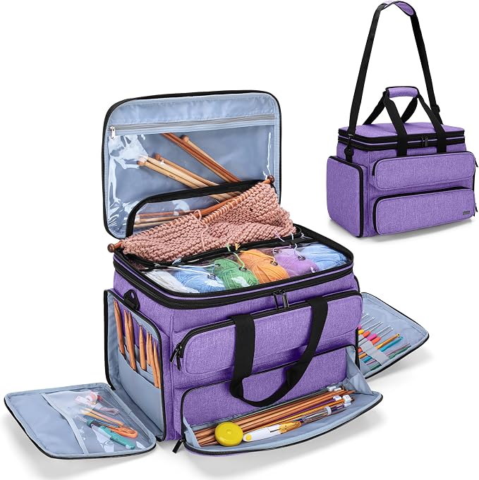 Yarwo Large Crochet Bag Knitting Tote, Yarn Storage Bag with Shoulder Strap | Organizer for Knitting Needles & Crochet Hook(Up to 14”), Clear Top Lid, Unfinished Project Compartment, 4 Yarn Holes, Purple by Yarwo