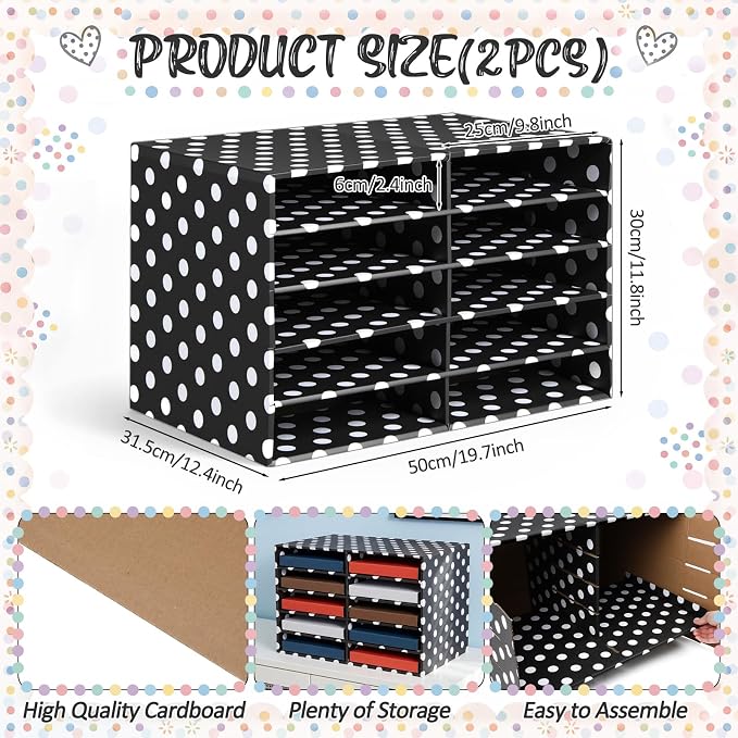 Eaasty 2 Pack 10 Slot Paper Storage Organizer, Back to School Construction Paper Holder for Office, Home, and School Use, 20.5 x 12.4 x 13.3 Inches(Polka Dots,Black) - Image 2