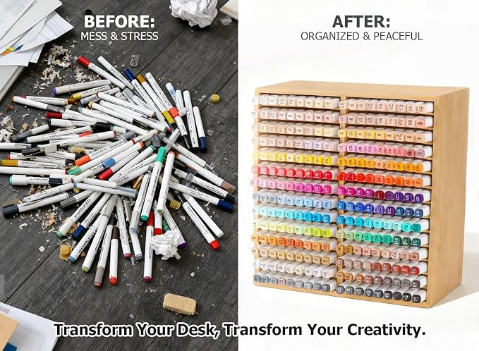 280 Marker Organizer, Bamboo Wooden Storage for Alcohol Markers Pens Pencils, No Assembly, Large Desk Holder for Artists Teachers Students, Classroom Office Art Supply (A No Drawer) - Image 7