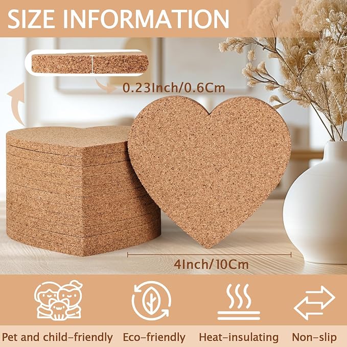 100 PCS Cork Coasters for Laser Engraving, Thick Absorbent Blank Coasters | 4 Inch Heat Resistant Coffee Table Coaster Bulk Plant Saucers Home Decor for Wood Burning, DIY Crafts, Wedding, Party, Heart - Image 2