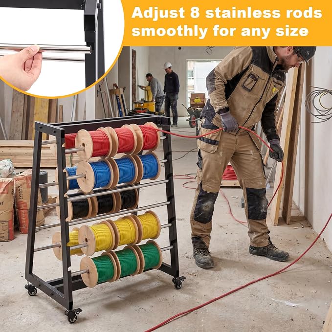 Heavy Duty 8 Rod Wire Spool Rack with Locking Wheels 400 lb Capacity Cable Dispenser for Electrical, Industrial and Retail Use, Adjustable Stainless Steel Rods, Mobile Wire Holder Organizer - Image 5