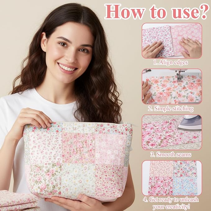 48 Pcs 10 x 10 Inches Pink Floral Cotton Fabric Bundles, Precut Pink Retro Floral Fabric Squares, Spring Quilting Patchwork, Flower Leaves Sewing Fabrics, Assorted Pattern Cloth for DIY Craft Handmade - Image 4