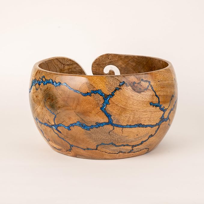Cute Wooden Yarn Bowl for Crocheting, 7x4inch Large Mango wood Crochet Holder Gift Accessories and Knitting Gadgets Supplies Handcrafted with Fractal Wood Burning & Blue Resin Inlay (M-Blue) - Image 7