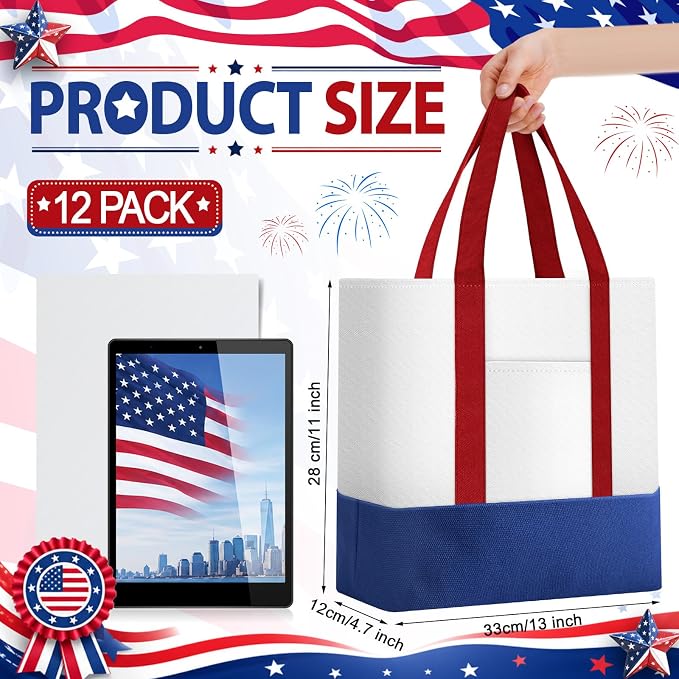 Sanwuta 12 Pcs Mini Canvas Tote Bags Bulk with Pocket Small Sublimation Blank Canvas Tote Reusable Grocery Bag for Women, DIY Craft (Red,Blue and White) - Image 4