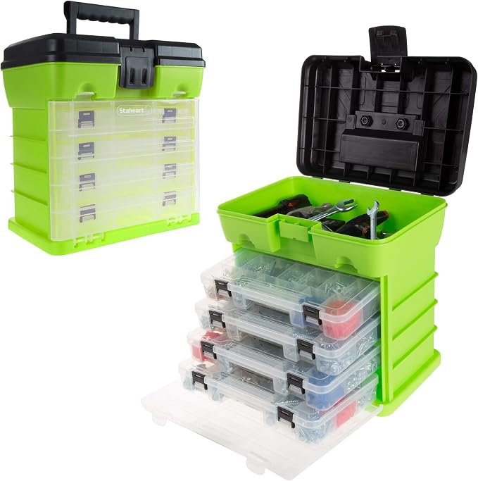 Portable Tool Box - Small Parts Organizer with Drawers and Customizable Compartments for Hardware, Fishing Tackle, Beads or Crafts by Stalwart (Green) by Stalwart