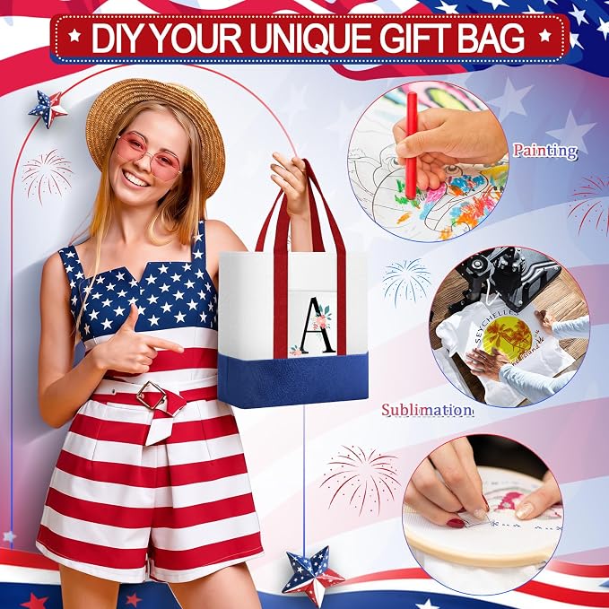 Sanwuta 12 Pcs Mini Canvas Tote Bags Bulk with Pocket Small Sublimation Blank Canvas Tote Reusable Grocery Bag for Women, DIY Craft (Red,Blue and White) - Image 6