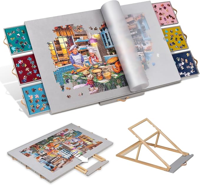 Tektalk Flannelette Covered Jigsaw Puzzle Table with Integrated Adjustable Stand & Cover, 3-Tilting-Angle Wooden Plateau Portable Puzzle Board with 6 Sorting Drawers, for Up to 1500 Pieces (Gray) by Tektalk