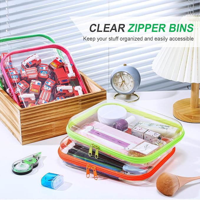 4 Pcs Hard Clear Zipper Case Makeup Bags Plastic Zipper Pouch Transparent Storage Box Containers for Cosmetics, Snacks, Building Blocks, Puzzles(Clear,9.8 x 7.9 x 2 in,Fluorescent) - Image 5