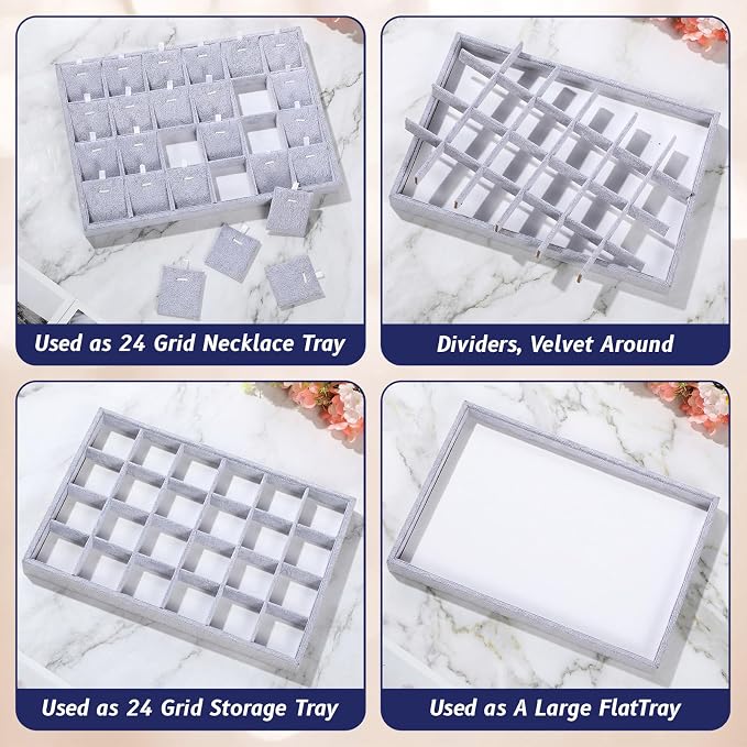2 Pcs 24 Grid Stackable Jewelry Organizer Tray with Removable Dividers Ice Velvet Jewelry Display Showcase Tray for Necklace Earring Ring Bracelet Holder (Gray Velvet) - Image 3