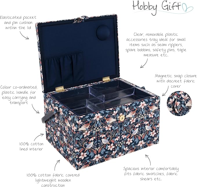 Hobby Gift Large sewing box - Birds in flowers made of embroidered cotton fabric with plastic handle, hard plastic inner tray with compartments, pin holder 23.5x31x20cm - Image 3