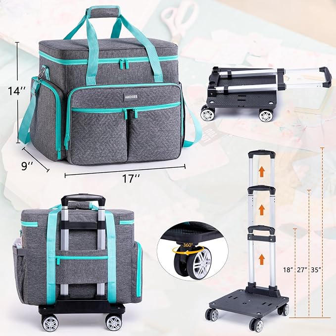AMOIGEE Rolling Tote Bag with Wheels and Handle, Sewing Machine Case, Craft Organizer Tote for Scrapbooking Storage, Teacher Rolling Bag, Craft Supply Storage, Art Bag, Rolling Cart for Teachers - Image 2