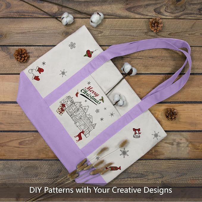 TOPDesign 6-Pack Canvas Tote Bags with an External Pocket, Reusable Grocery Shopping Bags, Top Zipper Closure, Daily Essentials (Lavender/Natural) - Image 3