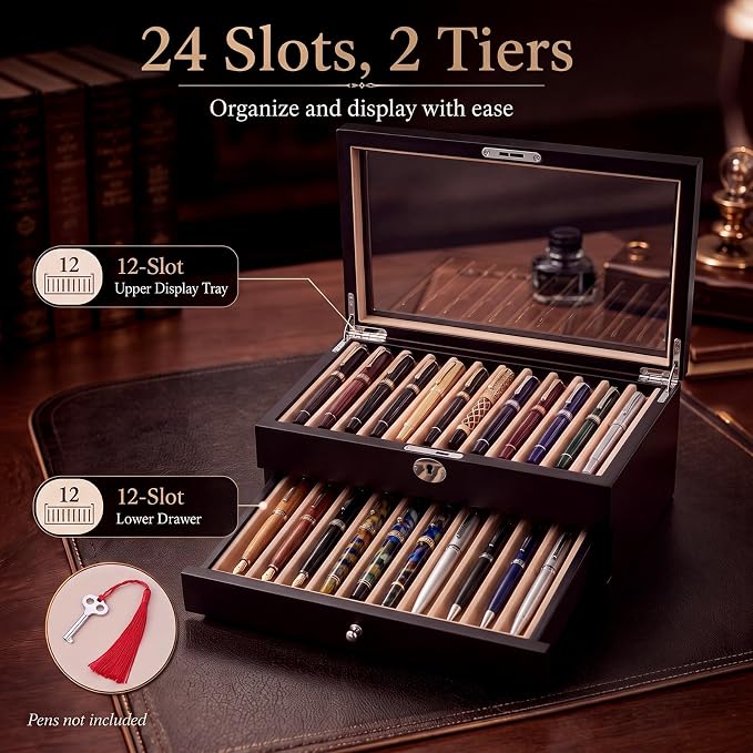 Silipull 24-Slot Fountain Pen Display Case, Key Lock, Black Finish, 2-Tier | Key-lock Top, Helps Limit Casual Access to Prized Pens, Glass Lid Displays Favorites, One Drawer Organizes 24 Pens - Image 3