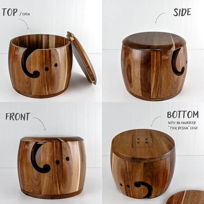 Tyck Design's Large Wooden Yarn Bowl with Lid - 9x7 Inch XL Acacia Wood Holder for Knitting, Crocheting & Macrame - Extra Big & Strong Yarn Storage - Image 3