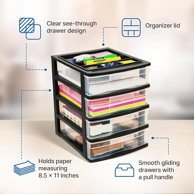 Gracious Living 4 Drawer Desktop & Countertop Organizer w/Organization Lid for Craft Storage, Office Supplies & School Supplies, Black/Clear (3 Pack) - Image 4
