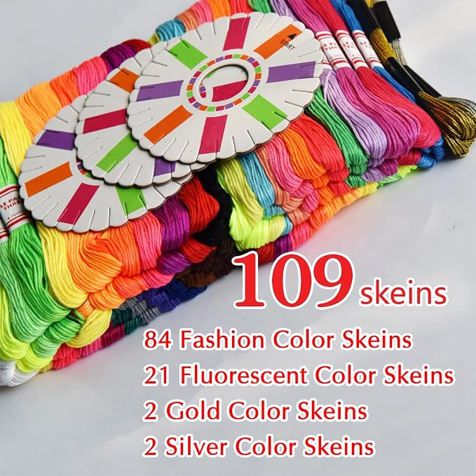 Embroidery Floss Rainbow Color 109 Skeins Per Pack Cross Stitch Threads Friendship Bracelets Floss Crafts Floss with 3 Weaved Plate（105 pcs Embroidery Floss +4 Metallic Embroidery Thread - Image 2