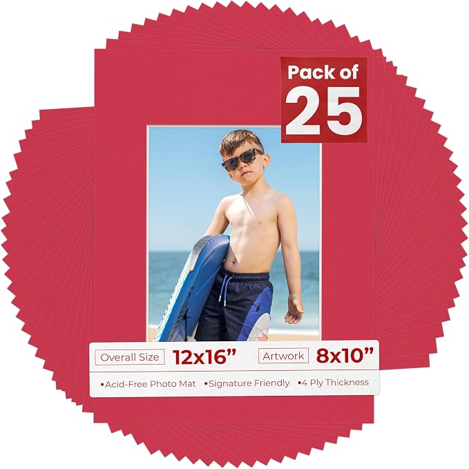 8x10 Mat for 12x16 Frame - Precut Mat Board Acid-Free Deep Red 8x10 Photo Matte Made to Fit a 12x16 Picture Frame, Premium Matboard for Family Photos, Show Kits, Art, Picture Framing, Pack of 25 Mats by PosterPalooza